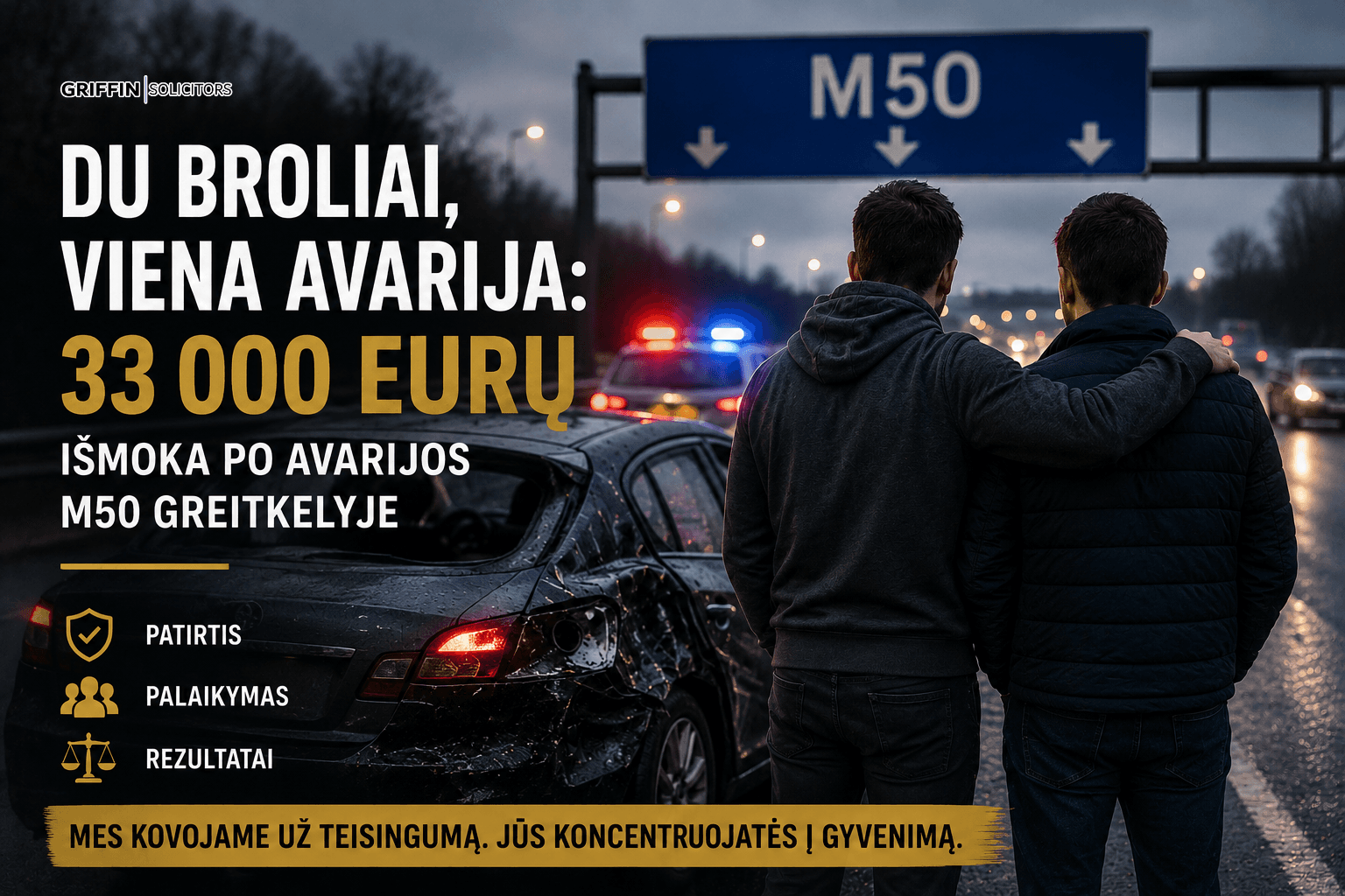 Du broliai, viena avarija: 33 000 eurų išmoka po avarijos M50 greitkelyje